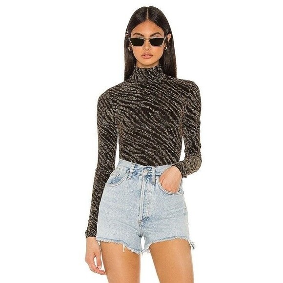 H:OURSMelissa Bodysuit Metallic Gold Sparkle Black Long Sleeve Small S - Picture 1 of 16